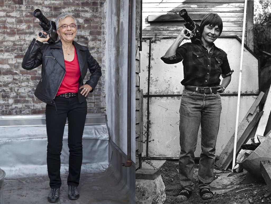 Barbara Hammer -composite photo holding her Bolex